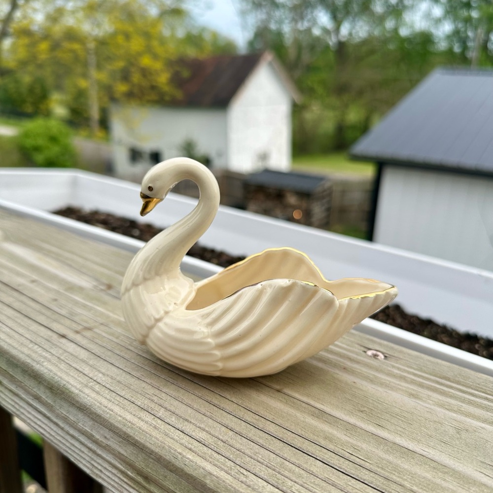 Vintage Ivory swan trinket dish with gold trim and accents